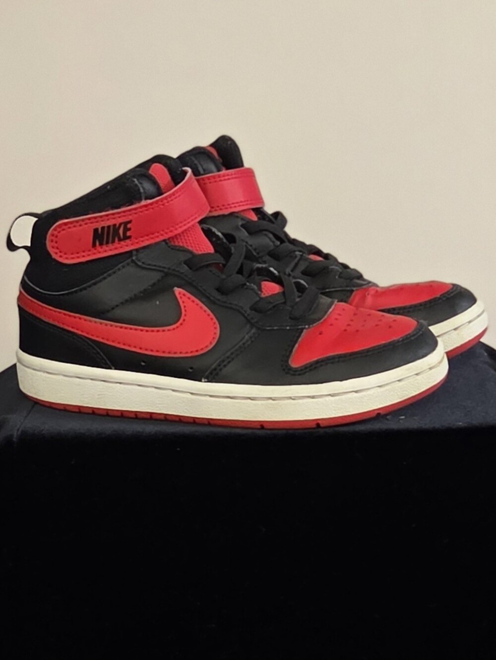 Boys Nike Black and Red High-Top Sneakers with Velcro Strap Closure